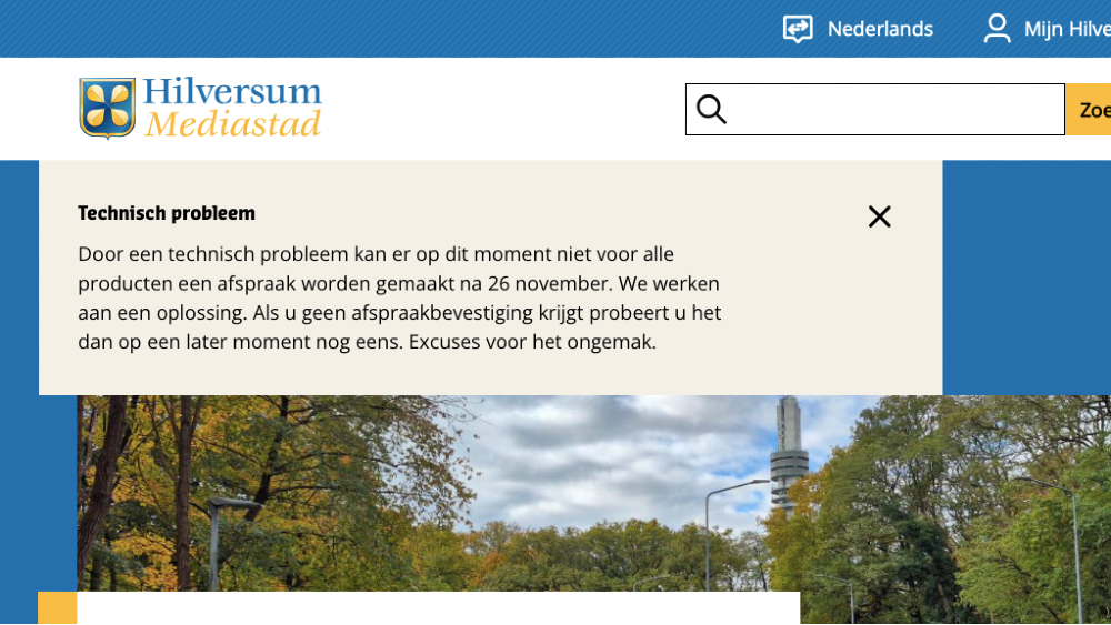 Technische storing bij gemeente Hilversum: online afspraken maken niet mogelijk