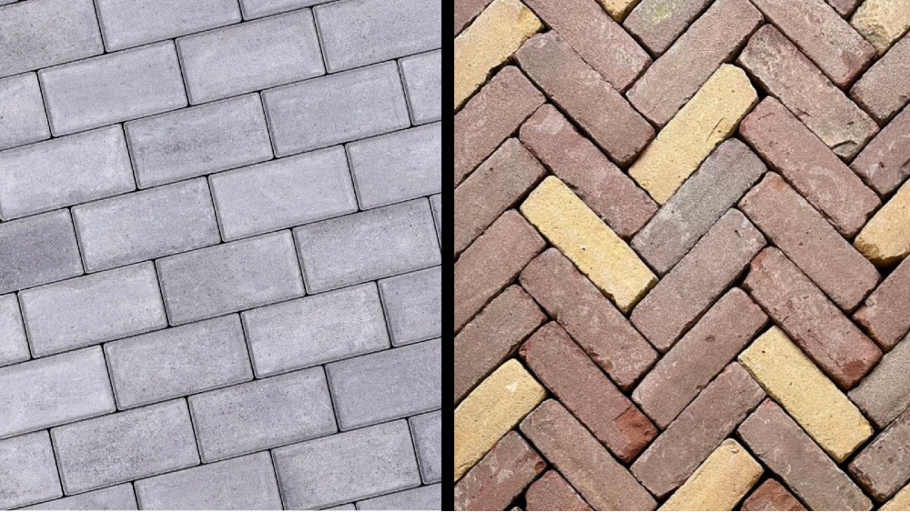 Betonklinkers (links) versus gebakken klinkers.