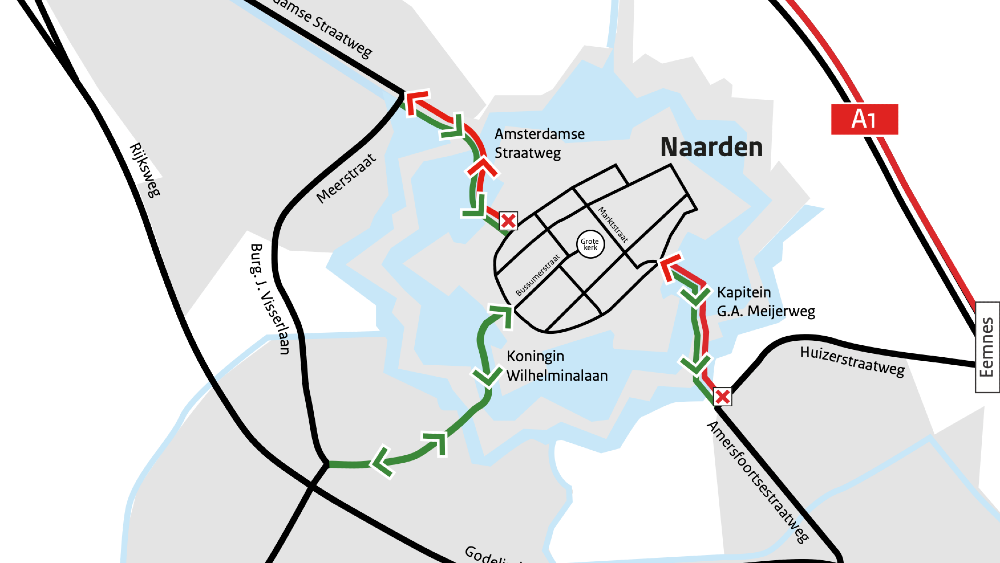 Eenrichtingsverkeer Kapitein G.A. Meijerweg en Amsterdamsestraatweg Naarden tijdens A1