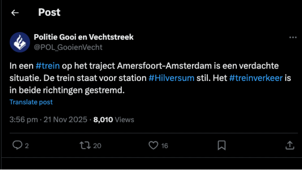 Het bericht van de politie op platform X.
