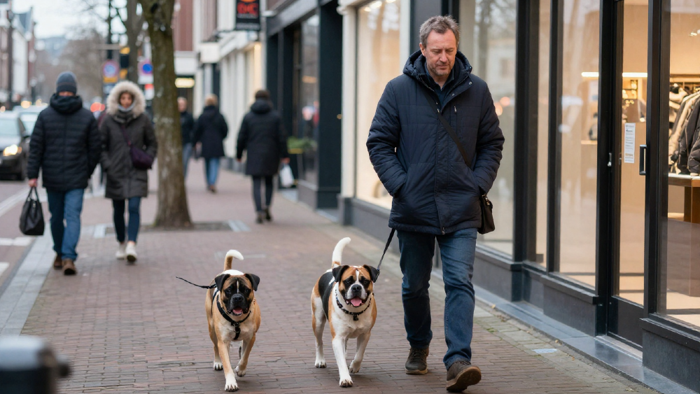 Man laat honden uit in een winkelstraat